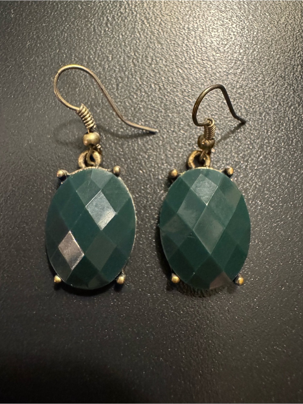 Vintage Style Green Checkerboard Faceted Oval Drop Earrings